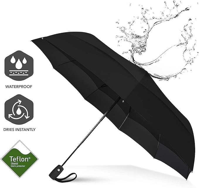 Automatic Open Close UV Umbrella for Rain Sun Protection, Black